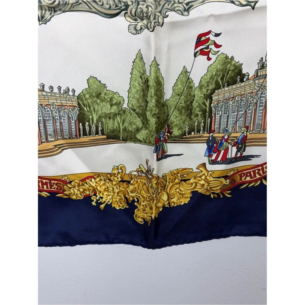 Vintage Herme’s Silk Scarf Palace Scene in Navy, Gold, Cream 34x34